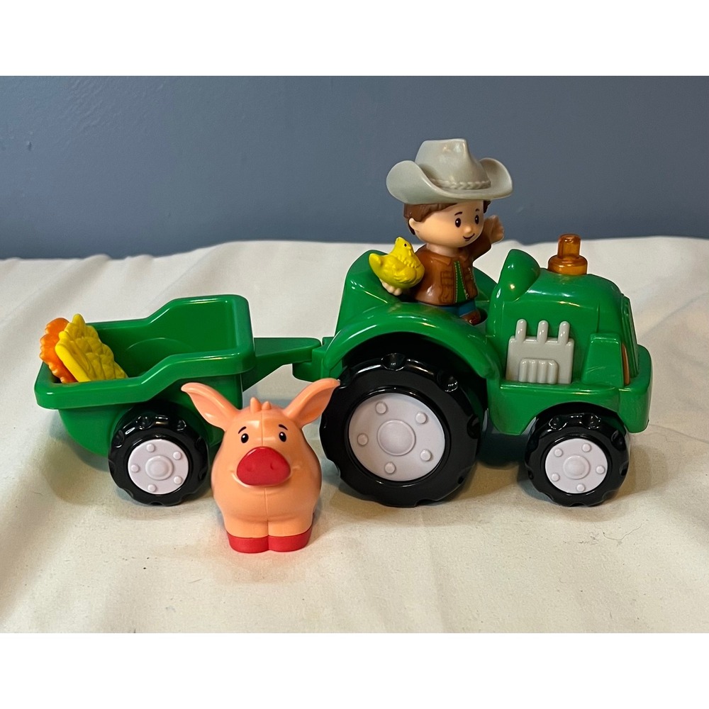 Fisher-Price Little People Green Tractor Trailer Wagon Farmer Pig Chick Set Y2K